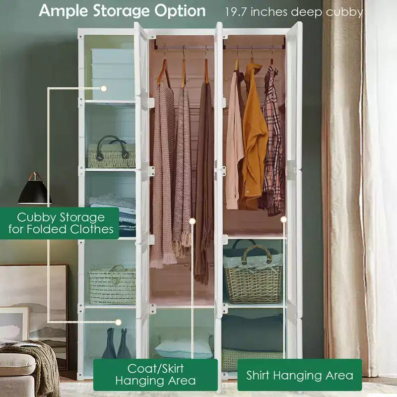 Portable Foldable Wardrobe Armoire Closet with 10 Cube Compartments and Hanging Rods