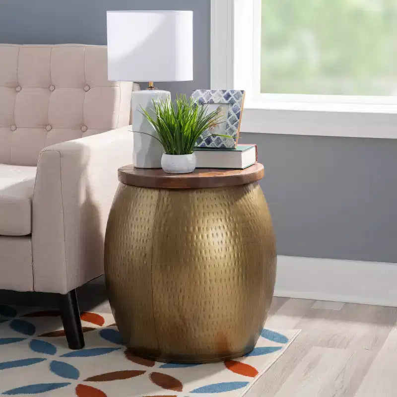 Round Drum Side Table with Hidden Storage Compartment for Living Room and Bedroom