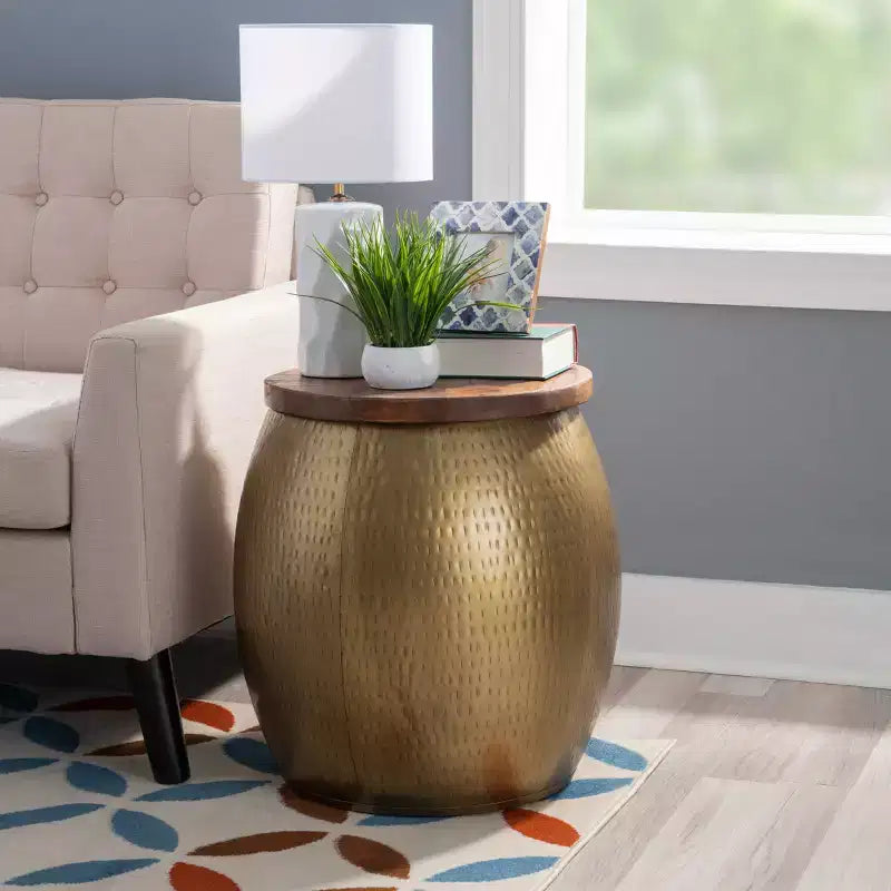 Round Drum Side Table with Hidden Storage Compartment for Living Room and Bedroom