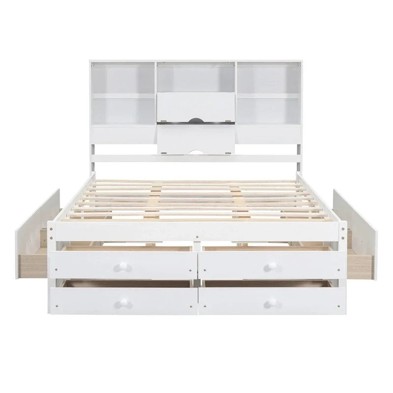 Lit plateforme King Size avec tête de lit de rangement et 8 tiroirs