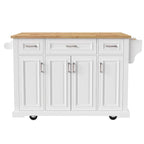 Grand îlot de cuisine avec rabat en bois, desserte de cuisine roulante texturée en relief avec portes et tiroirs avec rangement pour la cuisine, blanc