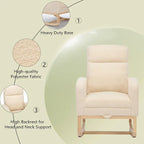 Fauteuil à bascule rembourré moderne de 75 cm de hauteur avec dossier haut, pieds en bois massif et repose-pieds réglable