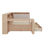 Canapé-lit d'angle en bois en forme de L avec bureau, bibliothèque, lit d'angle avec tiroirs de rangement, tête de lit rembourrée et éclairage intégré