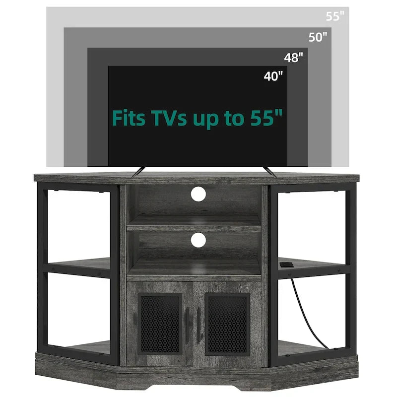 Meuble TV d'angle de ferme, meuble multimédia avec prise de courant pour téléviseurs jusqu'à 55 pouces