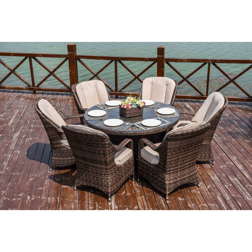 Ensemble de salle à manger rond 7 pièces en rotin tressé d'extérieur avec coussins par Moda Furnishings